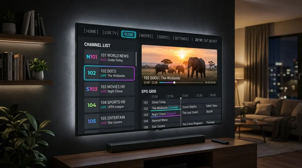 TiviMate EPG TV guide with UK channels and programme schedule